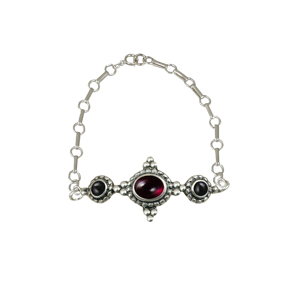 Sterling Silver Gemstone Adjustable Chain Bracelet With Garnet And Black Onyx